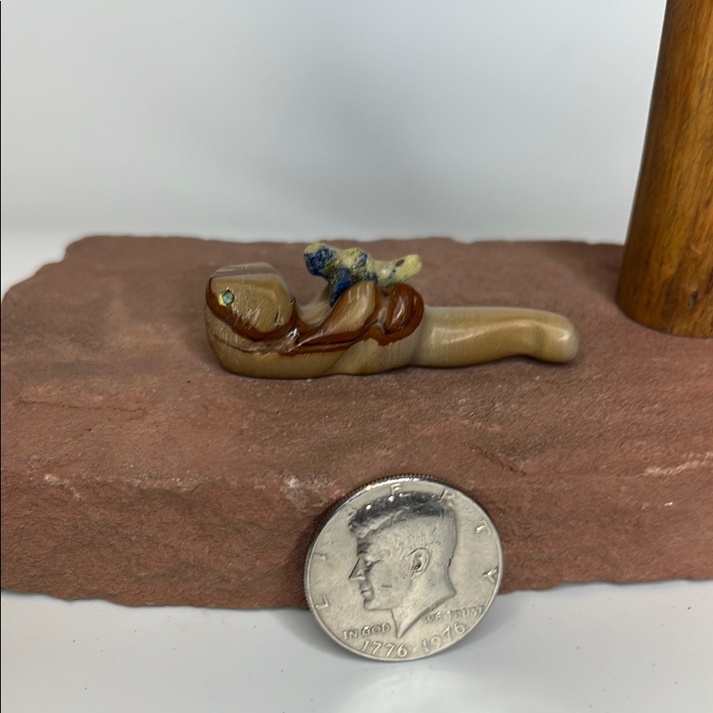 Handcrafted Canadian Lapis Stone Otter with baby Figurine.